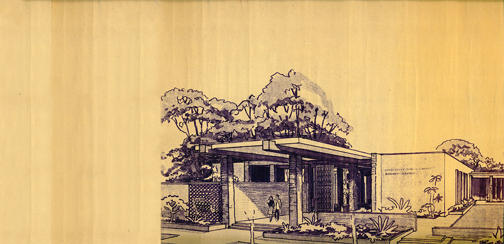 Ink and watercolor illustration of a street view of the the Burnett Library.